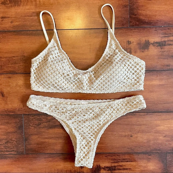 unbranded Other - Nude Fishnet Bikini Cheeky High Leg Bottoms Criss Cross Top Size Large